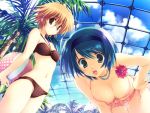  :d aqua_eyes ball beachball bent_over bikini blonde_hair blue_hair breasts brown_eyes cleavage cloud flower game_cg glasses hairband halterneck large_breasts mitsumi_misato multiple_girls open_mouth sky smile swimsuit to_heart_2 to_heart_2_ad yamada_michiru yoshioka_chie 