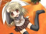  blush grey_hair jpeg_artifacts long_hair miniskirt onnanoko_suwari red_eyes skirt tears thigh-highs zettai_ryouiki 