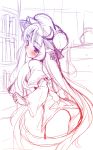  adapted_costume ass blush capelet crescent from_behind gradient hat long_hair looking_back monochrome patchouli_knowledge r-type_nirvana short_dress sketch solo souryuu touhou very_long_hair 