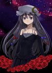  b.k. black_dress black_gloves bow collarbone crescent dress elbow_gloves flat_chest flower formal gloves hair_bow hat night night_sky patchouli_knowledge purple_eyes purple_hair red_rose rose sky star star_(sky) stare starry_sky touhou 