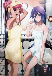  bathroom blue_eyes blue_hair brushing_teeth green_eyes highres long_hair megami naked_towel pinup red_hair redhead rosario+vampire shirayuki_mizore short_hair toothbrush towel 