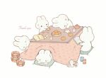  ayu_(mog) blush book chips food fruit kotatsu mandarin_orange no_humans original pillow rabbit reading simple_background sitting sleeping sweatdrop table thank_you white_background 