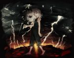  1other bare_arms barefoot black_pants black_shirt black_sky closed_mouth clouds cloudy_sky fisheye floating_hair from_side grey_hair highres lightning long_hair original pants pigeon666 profile shirt signature sky solo storm walking yellow_eyes 