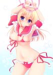  1girl absurdres armpits arms_up bikini blonde_hair blue_eyes breasts christmas gradient_eyes hat highres large_breasts long_hair looking_at_viewer multicolored multicolored_eyes navel original santa_bikini santa_hat solo star_(symbol) swimsuit violet_eyes yukimura_usagi 