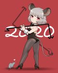  1girl 2020 \||/ animal_ears ass bangs bare_shoulders black_bow black_legwear black_leotard black_neckwear bow bowtie breasts commentary_request detached_collar dowsing_rod eyebrows_visible_through_hair from_behind full_body high_heels highres holding_rod kinkitsu1824 leotard looking_at_viewer looking_back medium_breasts mouse_ears mouse_tail nazrin pantyhose playboy_bunny rat red_background red_eyes short_hair silver_hair simple_background solo standing tail touhou twisted_torso 
