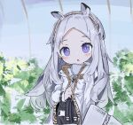  1girl :o animal_ear_fluff animal_ears arknights black_skirt blush commentary_request forehead grey_hair heavyrain_(arknights) highres jacket long_hair long_sleeves looking_at_viewer parted_lips plant shirt skirt solo upper_teeth very_long_hair violet_eyes white_jacket white_shirt 