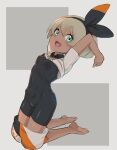  1girl arms_up barefoot bea_(pokemon) black_bodysuit black_hairband blue_eyes bodysuit bodysuit_under_clothes bow_hairband breasts clothes_pull collared_shirt covered_navel dark_skin dark-skinned_female full_body grey_hair gym_leader hairband kneeling nyonn24 open_mouth pokemon pokemon_(game) pokemon_swsh print_shorts shirt shirt_lift short_hair shorts shorts_pull small_breasts smile solo 