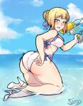  1girl artist_name artoria_pendragon_(all) artoria_pendragon_(swimsuit_archer)_(fate) ass beach bikini fate/grand_order fate_(series) hair_ornament holding looking_at_viewer navel open_mouth saber sieroo signature smile solo swimsuit swimwear water water_gun 