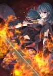  1girl bangs blue_eyes byleth_(fire_emblem) byleth_eisner_(female) commission eyes_visible_through_hair fire fire_emblem fire_emblem:_three_houses highres holding holding_sword holding_weapon long_hair looking_at_viewer open_mouth skeb_commission sword upper_body weapon yoshiki1020 