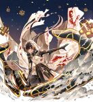  1boy black_hair blood blood_on_face bloody_clothes brown_hair closed_mouth genshin_impact highres hood hood_up long_hair male_focus one_knee pants qing sky smoke solo sparkle star_(sky) starry_sky torn_clothes yellow_eyes zhongli_(genshin_impact) 