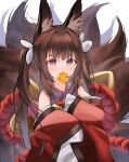  1girl absurdres amagi-chan_(azur_lane) animal_ears azur_lane bangs blunt_bangs brown_hair candy commentary_request food fox_ears fox_girl fox_tail hair_ribbon highres huge_filesize kyuubi lollipop long_hair looking_at_viewer manjuu_(azur_lane) mouth_hold multiple_tails off-shoulder_kimono off_shoulder ribbon rope sazuna_(user_gepn5443) shimenawa sidelocks simple_background sleeves_past_wrists solo tail thick_eyebrows twintails violet_eyes white_background wide_sleeves 