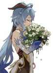  1girl absurdres ahoge black_gloves blue_hair bodystocking bodysuit bouquet closed_eyes detached_sleeves flower ganyu_(genshin_impact) genshin_impact gloves highres holding holding_bouquet horns kurattes long_hair profile simple_background smelling solo white_background 