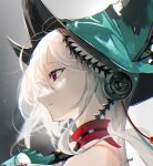  1girl absurdres aqua_gloves arknights artist_name bangs bare_shoulders breasts choker closed_mouth commentary_request eyebrows from_side gloves green_headwear hair_ornament hand_on_own_chest hat highres long_hair looking_afar omone_hokoma_agm pointy_hat portrait profile red_choker red_eyes shiny shiny_hair shiny_skin sidelocks signature skadi_(arknights) skadi_(the_corrupting_heart)_(arknights) solo upper_body very_long_hair white_hair 