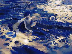  1boy black_hair blue_theme cocontma expressionless highres limited_palette looking_at_viewer original partially_submerged shirt short_hair short_sleeves solo upper_body water white_shirt 