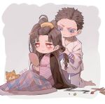  1boy 1girl alternate_hairstyle animal barefoot black_coat black_hair blanket blue_eyes braiding_hair cat chibi coat coat_on_shoulders comb dougi flower-shaped_pupils grey_background hair_ornament hair_stick hairdressing hakuji_(kimetsu_no_yaiba) hand_mirror haori highres holding holding_mirror japanese_clothes jiuyu0 kimetsu_no_yaiba kimono kneeling koyuki_(kimetsu_no_yaiba) long_hair long_sleeves looking_at_mirror messy_hair mirror pink_kimono red_eyes short_hair sitting smile symbol-shaped_pupils under_covers very_long_hair wide_sleeves 