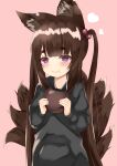  1girl :t alternate_costume amagi-chan_(azur_lane) animal_ears azur_lane bangs blunt_bangs blush brown_hair casual commentary_request contemporary eating eyebrows_visible_through_hair food food_request fox_ears fox_girl fox_tail hair_ribbon heart highres holding holding_food hood hooded_sweater hoodie kasumasu_(tales75) kyuubi long_hair long_sleeves looking_at_viewer multiple_tails pink_background pocket ribbon sidelocks simple_background solo sweater tail thick_eyebrows twintails violet_eyes 