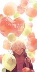  1boy artist_name balloon bangs closed_eyes closed_mouth collarbone dangan_ronpa_(series) dangan_ronpa_2:_goodbye_despair dated flower green_jacket hand_up happy_birthday highres holding hood hood_down hooded_jacket jacket komaeda_nagito male_focus moyu_(moyuu_lc) shirt smile solo upper_body white_hair white_shirt 