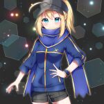  1girl ahoge artoria_pendragon_(all) bangs baseball_cap black_headwear black_shorts blonde_hair blue_eyes blue_jacket blue_scarf blush breasts closed_mouth commentary_request eyebrows_visible_through_hair fate/grand_order fate_(series) hair_between_eyes hair_through_headwear hand_on_hip hat jacket long_sleeves looking_at_viewer misaki_(misaki86) mysterious_heroine_x_(fate) ponytail scarf short_shorts shorts small_breasts smile solo track_jacket 