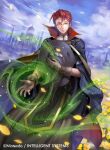  1boy book cape casting_spell castle clouds cloudy_sky fire_emblem fire_emblem_awakening fire_emblem_cipher full_body glasses gloves hat hat_removed headwear_removed laurent_(fire_emblem) official_art outdoors petals redhead sky tsutsui_misa witch_hat 