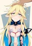  1girl absurdres blonde_hair blush body_markings breasts butterfly_wings chest_tattoo choker commission eyebrows_visible_through_hair green_eyes headpat highres long_hair ogami_kazuki original pointy_ears skeb_commission small_breasts tattoo very_long_hair wings 