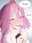  1boy astolfo_(fate) bangs blush chocolate chocolate_on_body commentary english_text eyelashes fang fate/apocrypha fate_(series) food_on_body godekasu hair_between_eyes hair_intakes heart long_hair looking_at_viewer looking_to_the_side male_focus open_mouth pink_hair profanity raised_eyebrows shiny shiny_skin shirtless smile solo speech_bubble teeth tongue upper_body violet_eyes 