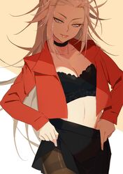  1girl bishounen_series black_bra bra grey_eyes highres ian_olympia jacket jewelry lips lipstick looking_at_viewer makeup necklace no_bangs open_clothes open_jacket pantyhose red_jacket rei_(bishounen_series) silver_hair underwear undressing 