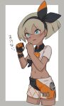  1girl bea_(pokemon) black_hairband blue_eyes bow_hairband clenched_hands collared_shirt cowboy_shot crop_top dark_skin dark-skinned_female dolphin_shorts gloves grey_hair gym_leader hairband highres midriff navel nyonn24 partially_fingerless_gloves pokemon shirt short_hair shorts single_glove solo translation_request wristband 