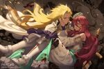  1boy 1girl alberius_(dragalia_lost) armor artist_name bangs bare_shoulders blonde_hair blood blood_from_mouth bloody_clothes boots breastplate brown_eyes cape carrying closed_mouth commentary dragalia_lost dress english_commentary eye_contact eyebrows_visible_through_hair floating_hair green_eyes green_headwear hair_between_eyes hat hentaki knee_boots long_hair looking_at_another mini_hat myriam_(dragalia_lost) off-shoulder_dress off_shoulder open_mouth princess_carry redhead smile spoilers torn_cape torn_clothes very_long_hair watermark web_address white_cape white_dress white_footwear 