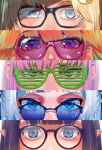  5girls bangs blonde_hair blue-tinted_eyewear blue_eyes blue_hair blunt_bangs gawr_gura glasses hair_ornament highres hololive hololive_english kikino looking_at_viewer monocle_hair_ornament mori_calliope multiple_girls ninomae_ina&#039;nis orange_hair pink-tinted_eyewear pink_hair pointy_ears purple_hair round_eyewear shutter_shades sunglasses takanashi_kiara violet_eyes watson_amelia 