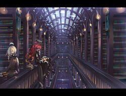  ahoge arch banner belt black_pants book bookshelf cape cthugha cthulhu_mythos enothela glass_ceiling grey_hair halo headband hidden_eyes high_heels library long_hair multicolored_hair original pants personification railing reading redhead scenery side_ponytail wall_lamp wavy_hair 