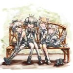  4girls aardwolf_(kemono_friends) aardwolf_ears aardwolf_print aardwolf_tail animal_ears animal_print bangs bare_shoulders bench black_hair bodystocking brown_hair cat_ears cat_girl cat_tail closed_eyes collared_shirt commentary_request day dress elbow_gloves facing_another fangs fingerless_gloves footwear_removed fox_ears friends full_body fur-trimmed_sleeves fur_collar fur_trim gloves green_eyes grey_hair grey_shirt grey_shorts hair_between_eyes half-closed_eyes hands_up height_difference high_ponytail holding kemono_friends kneeling knees_together_feet_apart leaning_forward leaning_to_the_side legs_together legwear_under_shorts long_hair long_sleeves medium_hair multicolored_hair multiple_girls necktie on_bench open_mouth outdoors outstretched_arms outstretched_legs pallas&#039;s_cat_(kemono_friends) pantyhose park_bench parted_bangs scarf shirt shoebill_(kemono_friends) shoes short_over_long_sleeves short_sleeves shorts side-by-side sitting sitting_on_bench skirt sleeveless sleeveless_shirt smile stealstitaniums striped_tail tail tibetan_sand_fox_(kemono_friends) two-tone_hair wing_collar yellow_eyes 