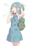  1girl absurdres arm_up backpack bag bangs beamed_eighth_notes blue_dress blue_eyes blue_hair blue_skirt blue_vest breasts cowboy_shot dress eyebrows_visible_through_hair green_bag hair_bobbles hair_ornament hand_up highres holding holding_hair kawashiro_nitori kawayabug looking_to_the_side mouth_hold musical_note one_side_up short_hair short_sleeves simple_background skirt small_breasts solo standing touhou vest white_background 