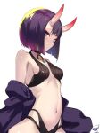 1girl bangs bare_shoulders bob_cut breasts collarbone eyeliner fate/grand_order fate_(series) horns japanese_clothes kimono long_sleeves looking_at_viewer makeup navel off_shoulder oni oni_horns purple_hair purple_kimono revealing_clothes short_hair shuten_douji_(fate) skin-covered_horns small_breasts solo spider_apple violet_eyes wide_sleeves 