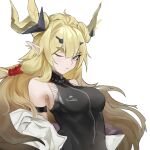  1girl arknights blonde_hair blue_eyes highres horns leizi_(arknights) liuli_yuanxiaoniao long_hair one_eye_closed pointy_ears sleeveless thick_eyebrows white_background 