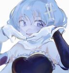  1girl blue_eyes blue_hair blue_sleeves cape commentary curly_hair eyebrows_visible_through_hair gloves hands_on_own_face hands_up highres looking_at_viewer mahou_shoujo_madoka_magica medium_hair mi_yoshifu miki_sayaka sleeveless white_cape white_gloves 