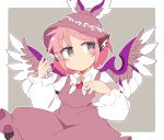  1girl animal_ears bird_ears bird_wings blush brown_dress brown_headwear closed_mouth dress feathered_wings frills grey_background grey_eyes hand_up hat ini_(inunabe00) jewelry long_sleeves looking_to_the_side mob_cap mystia_lorelei pink_hair red_neckwear shirt short_hair simple_background solo touhou white_shirt wings 