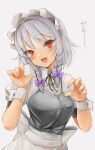  1girl alternate_color apron black_neckwear bow braid breasts dress frilled_apron frilled_skirt frills grey_dress hair_bow highres izayoi_sakuya maid maid_apron maid_headdress medium_breasts puffy_short_sleeves puffy_sleeves purple_bow red_eyes short_hair short_sleeves silver_hair skirt touhou twin_braids waist_apron wrist_cuffs yamabukiiro_(browncat) 