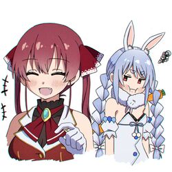  animal_ear_fluff animal_ears blue_hair blush braid brooch buttons carrot_hair_ornament eyebrows_visible_through_hair fang food_themed_hair_ornament gloves hair_ornament highres hololive homura910210 houshou_marine jacket jewelry long_hair multicolored_hair pout rabbit_ears rabbit_girl red_jacket redhead sleeveless sleeveless_jacket smile twin_braids twintails two-tone_hair usada_pekora virtual_youtuber white_hair 