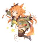  1girl absurdres animal_ears breasts brown_legwear cheunbyeol crop_top dog_tags fur_trim green_jacket hair_ribbon highres horse_ears horse_girl horse_tail jacket leg_up long_hair long_sleeves looking_at_viewer mayano_top_gun_(umamusume) micro_shorts midriff navel open_clothes open_jacket open_mouth orange_eyes orange_hair outstretched_arms ribbon shirt shoes short_shorts shorts simple_background small_breasts smile sneakers solo stomach tail thigh-highs thighs twintails two_side_up umamusume very_long_hair white_background white_shorts yellow_shirt 