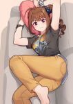  1girl :3 ahoge arms_up bangs barefoot black_shirt blue_scrunchie blunt_bangs breasts brown_hair closed_mouth clothes_writing commentary_request couch drill_hair eyebrows_visible_through_hair feet_out_of_frame from_above hair_ornament hair_scrunchie heart heart_pillow holding holding_pillow idolmaster idolmaster_million_live! indoors kamille_(vcx68) leg_up light_blush looking_at_viewer lying medium_breasts medium_hair on_couch on_side pants pillow pocket print_scrunchie print_shirt scrunchie shirt short_sleeves side_ponytail sidelocks skull_print smile solo star_(symbol) star_print striped striped_scrunchie violet_eyes white_scrunchie wrist_scrunchie wristband yellow_pants yokoyama_nao 