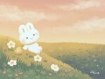  animal_focus ayu_(mog) bird blush chick closed_mouth clouds daisy field flower grass hill no_humans orange_sky original rabbit scenery sky smile white_flower 