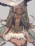  1girl bare_arms belt blush cloak collarbone dagger dark_skin dark-skinned_female dress feet_out_of_frame frilled_dress frills green_cloak grey_background hair_ribbon hands_on_ground hat highres holstered_weapon long_hair looking_at_viewer noco_(pixiv14976070) orange_eyes original purple_ribbon ribbon serious shadow silver_hair simple_background sitting sleeveless sleeveless_dress solo sparkle sword twintails weapon white_dress white_headwear white_nails witch_hat 