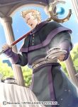  1boy belt blonde_hair brady_(fire_emblem) cup fire_emblem fire_emblem_awakening fire_emblem_cipher holding holding_cup holding_staff homa_kura looking_away official_art open_mouth pillar scar scar_across_eye staff table teacup tree upper_body 