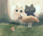  :&lt; animal_focus ayu_(mog) black_cat cat creature grass mushroom no_humans original picnic_basket signature tree white_cat 