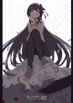  1girl akemi_homura black_hair eyebrows_visible_through_hair floating_hair from_below hair_between_eyes hair_ornament hair_ribbon hand_on_own_face highres kyubey long_hair looking_at_viewer looking_down mahou_shoujo_madoka_magica mitakihara_school_uniform neck_ribbon pantyhose perspective pink_ribbon ribbon samidare school_uniform very_long_hair violet_eyes 