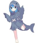  1girl :o animal_costume animal_hood aoi_tori bangs barefoot blue_eyes blue_hair blush_stickers commentary_request eyebrows_visible_through_hair fish_tail full_body hair_between_eyes hands_up highres hood hood_up looking_at_viewer original parted_lips shark_costume shark_hood shark_tail simple_background solo standing standing_on_one_leg tail white_background 