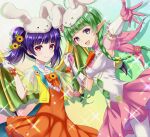  2girls :d animal_hat armpits bangs blunt_bangs braid bunny_hat collarbone dragon_wings dress eyebrows_visible_through_hair fire_emblem fire_emblem:_the_sacred_stones fire_emblem_awakening fire_emblem_heroes flower gloves green_hair hair_flower hair_ornament hat holding_hands kakiko210 looking_at_viewer manakete multiple_girls myrrh_(fire_emblem) nah_(fire_emblem) official_alternate_costume open_mouth orange_dress outstretched_arm pantyhose pink_gloves purple_hair red_eyes ribbon smile tied_hair twin_braids twintails violet_eyes white_gloves white_legwear wings 