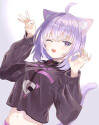  1girl :3 ahoge animal_collar animal_ear_fluff animal_ears bangs black_hoodie blue_eyes blush cat_ears cat_girl cat_tail collar crossed_bangs eyebrows_visible_through_hair hair_between_eyes hands_up highres hololive hood hoodie long_sleeves looking_at_viewer medium_hair messy_hair midriff navel nekomata_okayu oji_(osushi_ojisan) one_eye_closed onigiri_print open_mouth sidelocks simple_background smile solo tail upper_body virtual_youtuber 