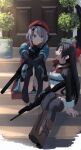 2girls 5kpgte 9a-91 9a-91_(girls_frontline) assault_rifle bangs belt beret beretta_cx4 black_hair black_panties blue_eyes boots bow breasts choker commentary_request cx4_storm_(girls_frontline) door earrings full_body girls_frontline gun hair_between_eyes hair_bow hair_ornament hat highres holding holding_gun holding_weapon jewelry knees_to_chest long_hair long_sleeves medium_breasts midriff multiple_girls open_mouth panties plant potted_plant puffy_sleeves red_bow red_eyes red_scarf rifle scarf silver_hair sitting smile stairs star_(symbol) star_hair_ornament thigh-highs underwear weapon 