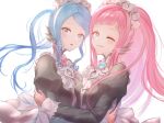  2girls bangs blue_eyes blue_hair closed_mouth collared_shirt felicia_(fire_emblem) fire_emblem fire_emblem_fates flora_(fire_emblem) harumori_kou long_hair long_sleeves looking_at_viewer maid maid_headdress multiple_girls open_mouth pink_hair ribbon shirt siblings sisters upper_body 
